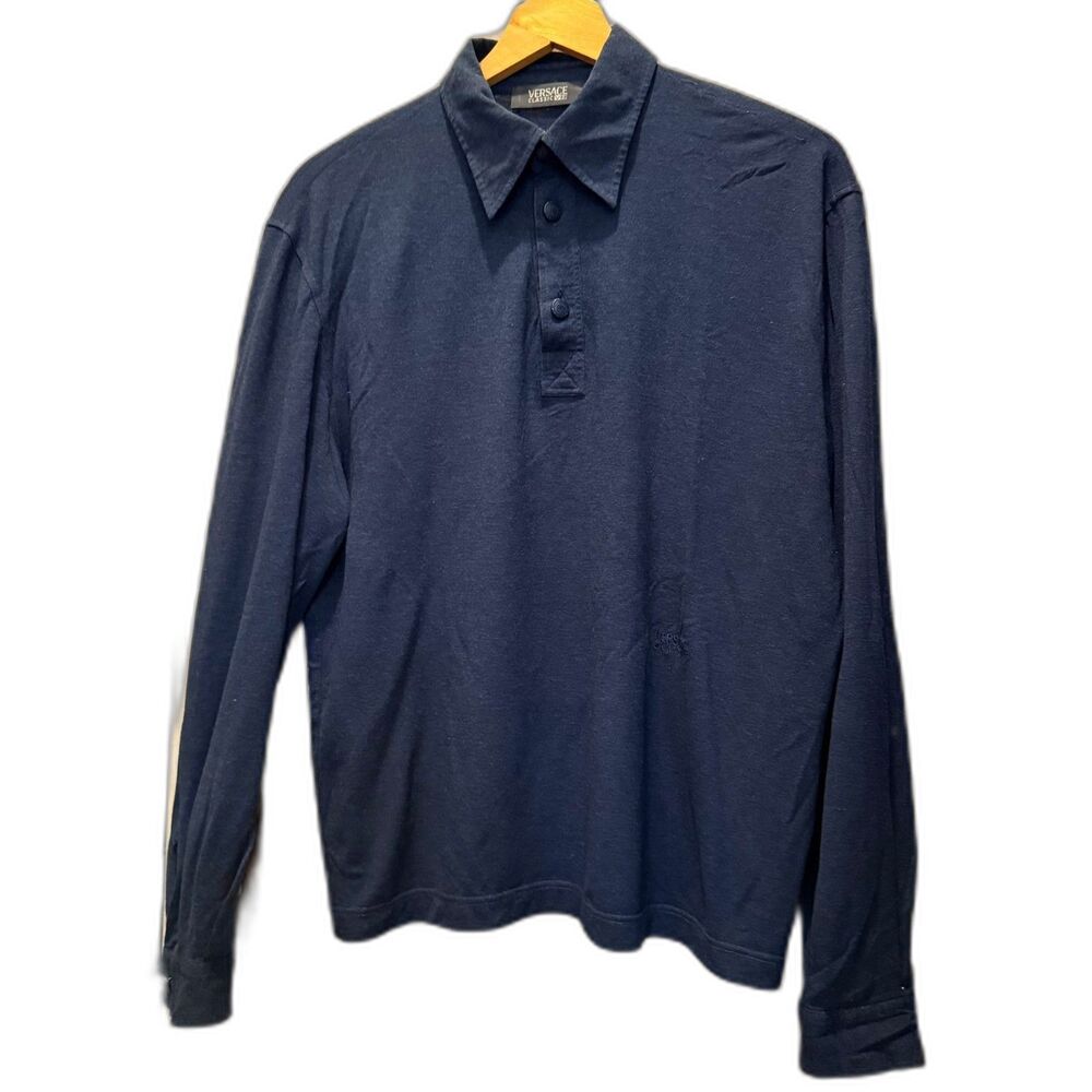 90s/Y2K Vintage Versace Classic Navy Blue Wool Blend Polo Knit Sweater, Size L